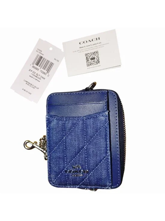 Coach Denim Blue Quilted Smooth Leather Zip Closure Wallet Chain Card Slots Silv - Picture 6 of 13